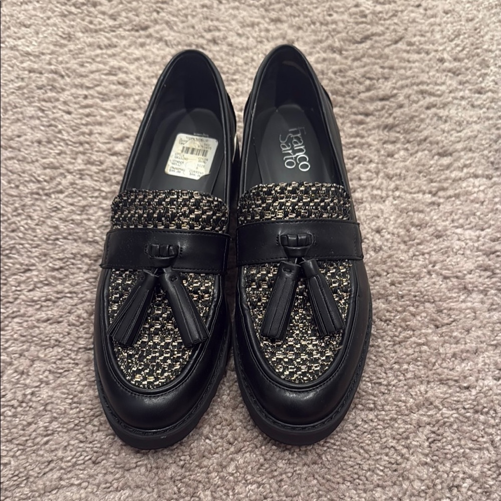 Franco Sarto Black and Gray Loafers with Woven Detail